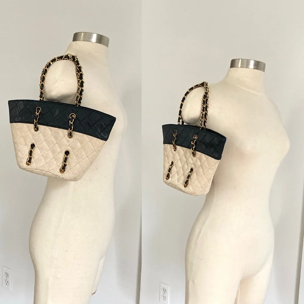Chanel Vintage Navy Canvas Beige Mini Tote Bag - Picture 3 of 16